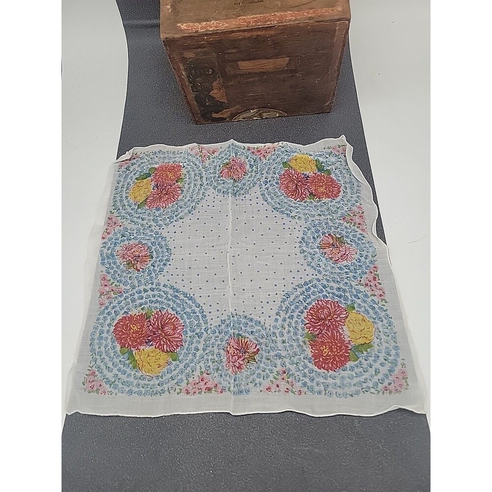 Vtg Colorful Flower Hankerchief Chrysanthemum Bouquet Sheer Red Yellow Blue